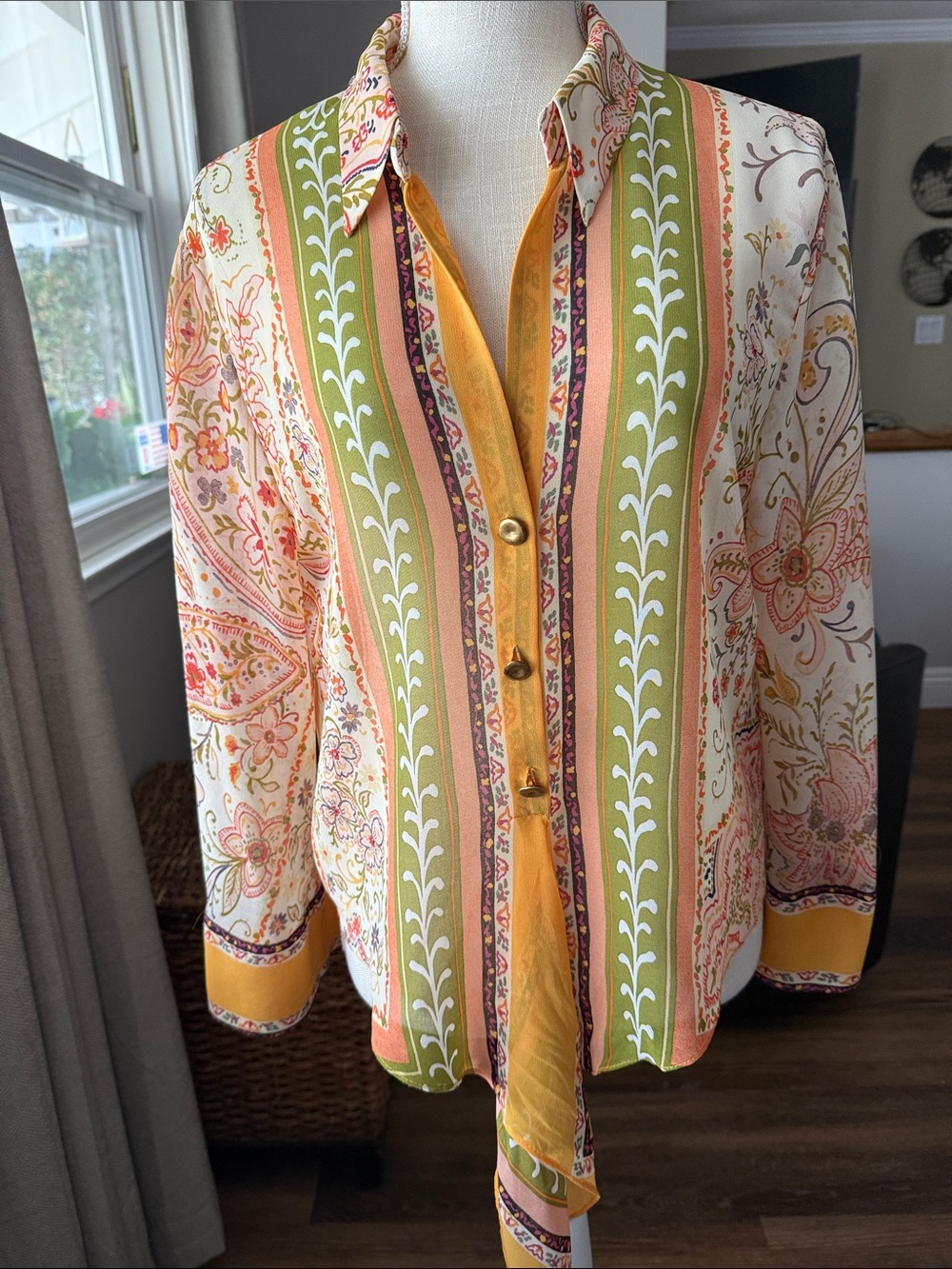 Zara Multicolor Paisley & Stripe Button-Down Shirt - Yellow, Green, Cream